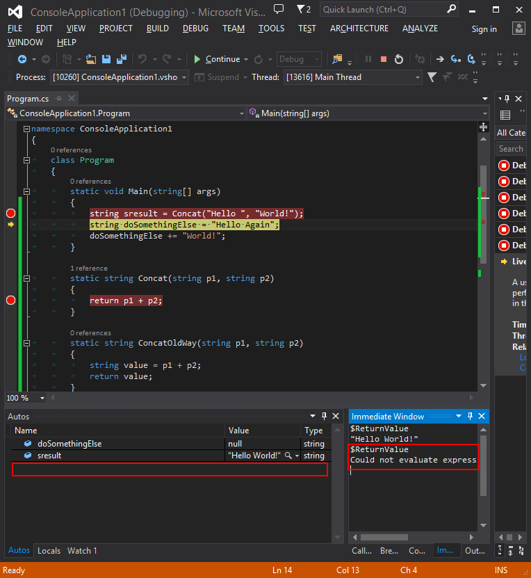 How to see the value returned by a method in Visual Studio Debugger?